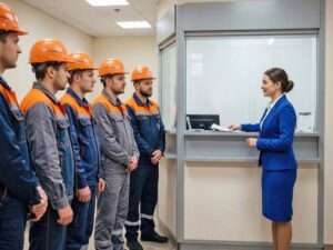 Строители в офисе в бухгалтерии